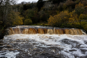 Flowing water of Wain Wath Force surrounded by autumn trees