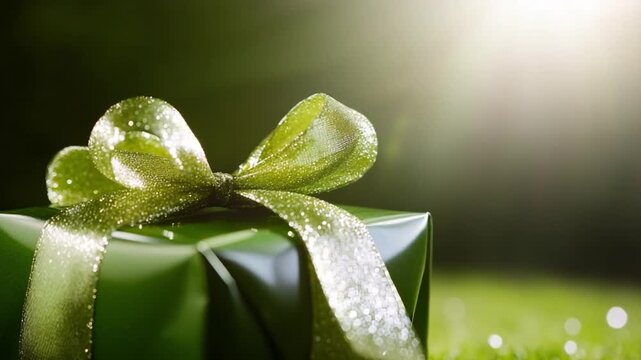 Gift Box of Nature's Embrace: A beautifully wrapped gift box, adorned with a lustrous green ribbon, rests serenely amidst the verdant embrace of nature.