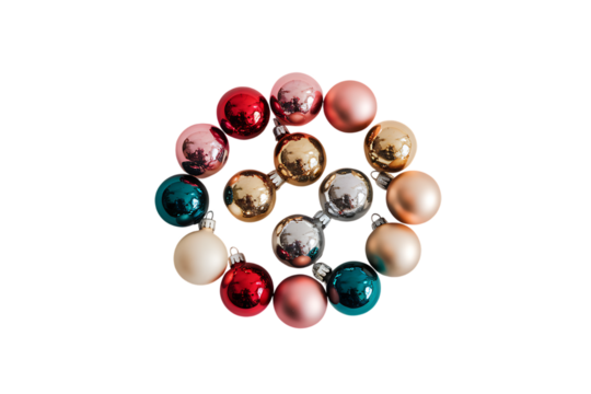 Collection of colorful Christmas ornaments arranged in a circular pattern against a white background, creating a festive and eye-catching display