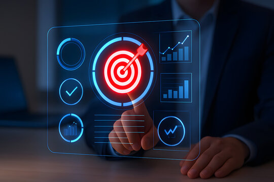 Businessman interacts with futuristic dashboard displaying target and charts