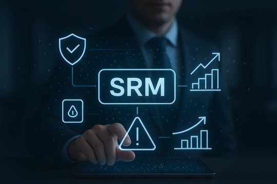 Businessman points to SRM risk management and performance diagram