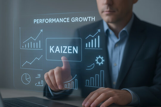 Businessman touching Kaizen performance growth diagram on holographic screen
