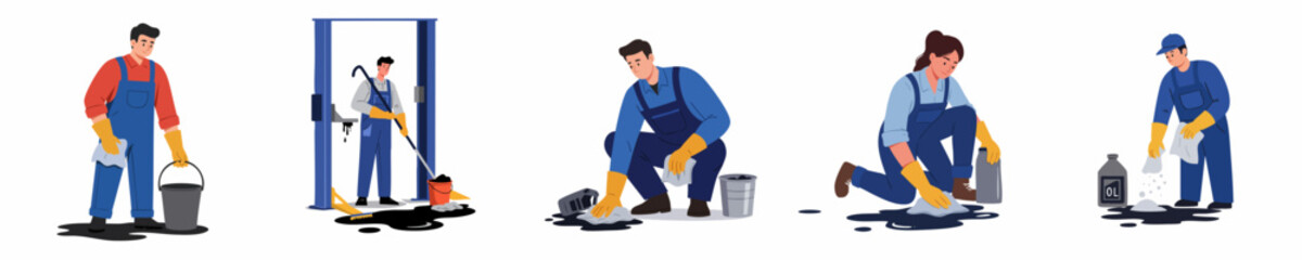 Illustration Various Workers in Blue Overalls Cleaning Spills in Garage