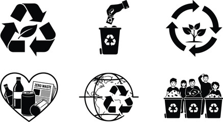 Recycling icons, eco-friendly symbols, zero waste, global sustainability, green community, nature cycle, donation bin, heart recycle, leaf arrows