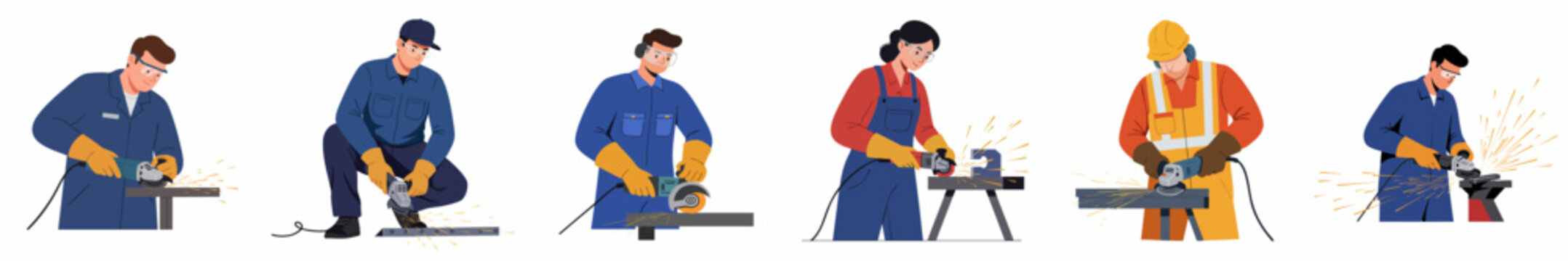 Flat Illustration of Metalworker Grinding Metal with a Handheld Angle Grinder in Workshop