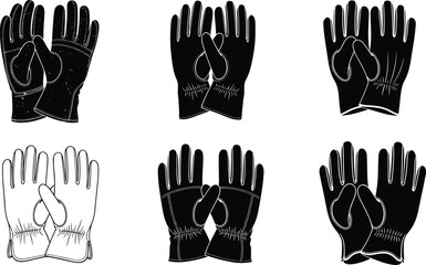 Protective work gloves icon set, safety handwear silhouette vector, industrial leather gloves illustration, black and white design for equipment branding