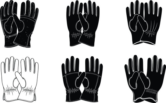 Protective work gloves icon set, safety handwear silhouette vector, industrial leather gloves illustration, black and white design for equipment branding
