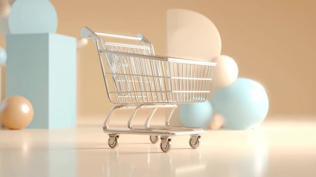 淡いパステル背景で銀色のショッピングカートを商品撮影、明るい雰囲気、人物なし