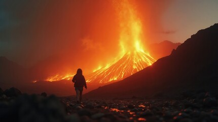 A person stands on rocky terrain, observing a volcanic eruption. The volcano emits bright orange lava and smoke against a dark sky.