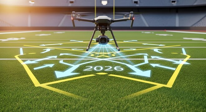 Drone hovers over a stadium field. Modern tech design, abstract. Use for technology, sports, or commercial photography backdrops.