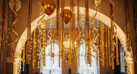 Golden Festive Archway with Hanging Decorations and Lights.