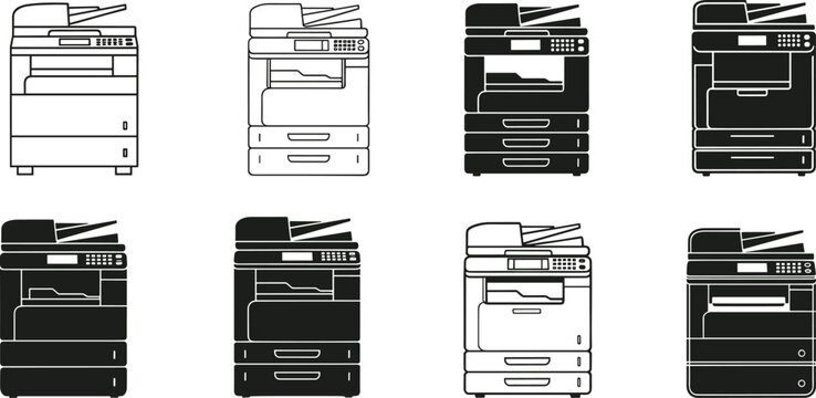 Photocopier printer vector set, office copy machine icons, multifunction device illustration, black and white silhouette equipment for business and technology