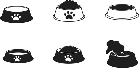 Pet food bowls vector set, dog and cat feeding dishes, animal meal containers, kibble icons, isolated black and white illustration