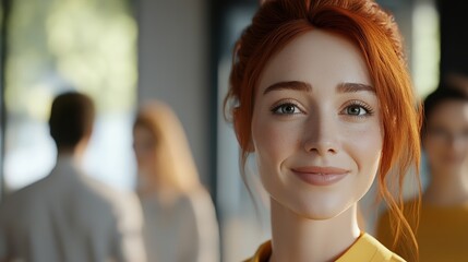 Portrait of a smiling young redhead woman in a modern office with colleagues in background