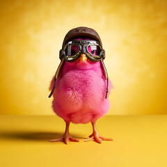 A pink chick wearing vintage aviator goggles and a pilot cap stands against a flat background, embodying a bold spirit of adventure and self-expression, Surreal Vintage Fashion Portrait