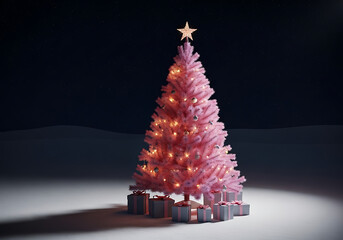 A pink Christmas tree with snow gently falling on it at night, set against a dark background. Charming Retro Romance & Joyful Celebrations
