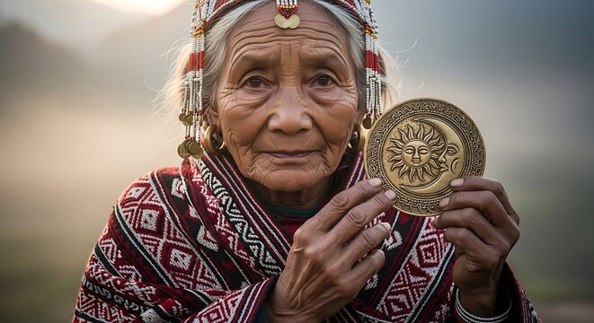 Hyper-Realistic Adi Elder Portrait: Raising Sun-Moon Disc in Prayer at Misty Arunachal Dawn