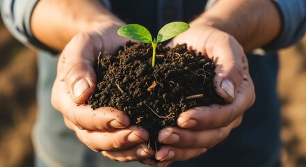Hands holding rich soil with a young plant seedling growing.