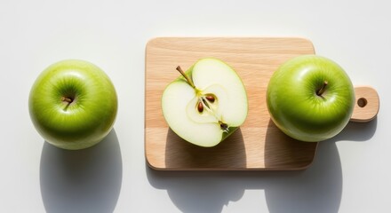 Fresh green apples with sliced half on wooden cutting board