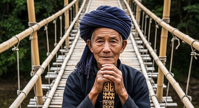 Hyper-Realistic Lisu Elder Portrait: On Swaying Parsuram Kund Bridge with River Sun-Moon Reflections