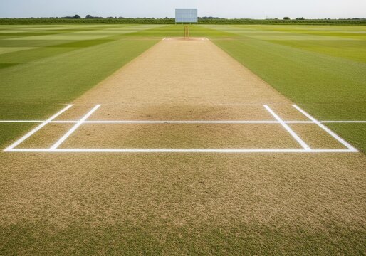 Cricket sport Pitch in the field, and white line markings on the grass leading up to wooden wickets set up outside under a bright, cloudy blue sky - Powered by Adobe