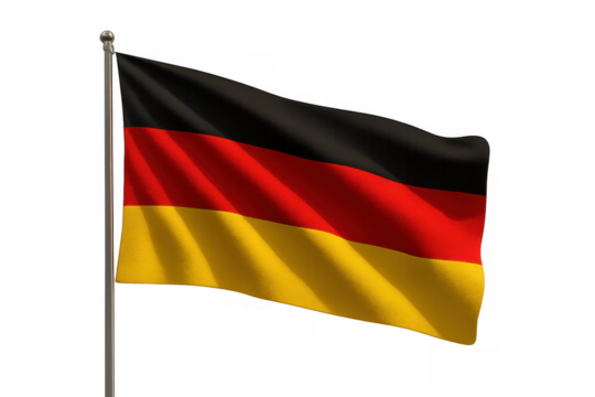 German flag waving on a flagpole, representing europe, national identity, patriotism, and international relations, transparent background