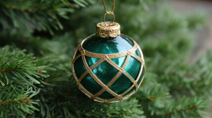 Elegant emerald green Christmas ornament with a reflective glass finish and intricate gold lattice filigree design