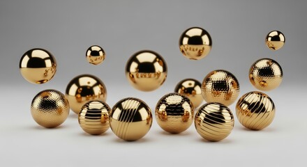Shiny gold spheres with varied textures floating in a soft gray background for artistic backgrounds