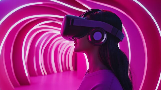 Young woman immersed in virtual reality experience with vr headset and headphones in neon tunnel