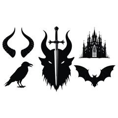 Obraz premium Black silhouette collection of gothic and fantasy elements including horns a raven a sword a castle and a bat