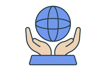 Flat line global support icon symbolizing worldwide assistance, unity, and solidarity. Editable vector suitable for humanitarian, community, and charity projects