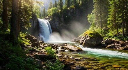 Majestic Waterfall in Lush Green Forest with Sunbeams.