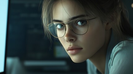 Close up of a young woman with glasses looking intently at a computer screen in office