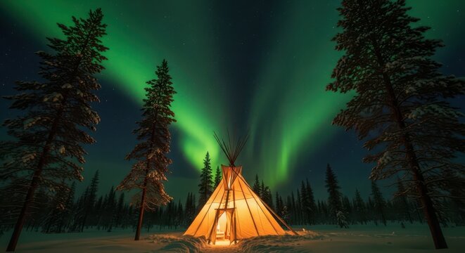 A brightly lit tent glows under the mesmerizing green aurora borealis in a snowy forest at night