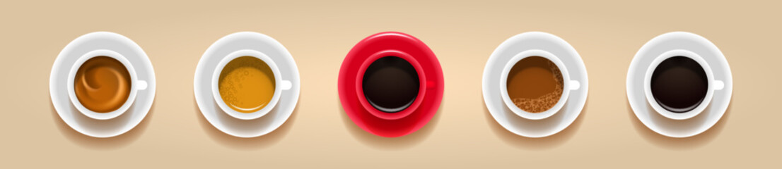 Set of coffee cups with different types of coffee