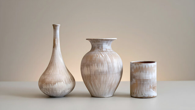 A harmonious set of three rustic, hand-painted ceramic vases in different shapes, featuring white brushed accents, standing against a warm, neutral background