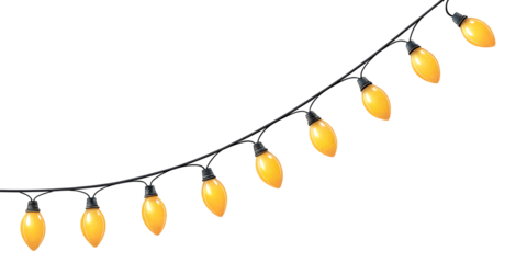 A festive string of classic golden glittery Christmas light bulbs hangs gracefully, curving downwards to create a bright, sparkling holiday illumination isolated on a transparent background.