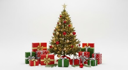 Festive Christmas Tree Surrounded by Colorful Wrapped Gifts and Sparkling Lights in Studio