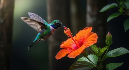 Fototapeta premium Hummingbird feeding on an orange hibiscus flower in a lush green forest with soft light filtering through the trees
