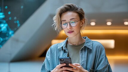 A woman with glasses and a smartphone stands in a modern space with digital lights in the background - Powered by Adobe