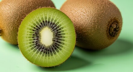 Close-up of fresh whole and sliced kiwi fruit on green background