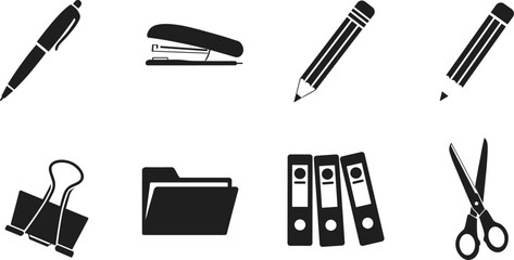Office supplies silhouette set, black stationery icons collection, pen pencil stapler scissors folder binder clip vector illustration