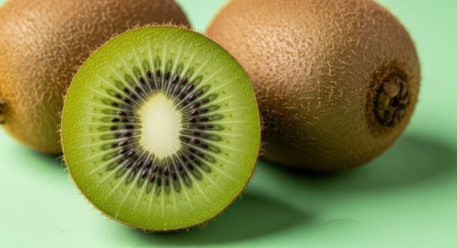 Close-up of fresh whole and sliced kiwi fruit on green background