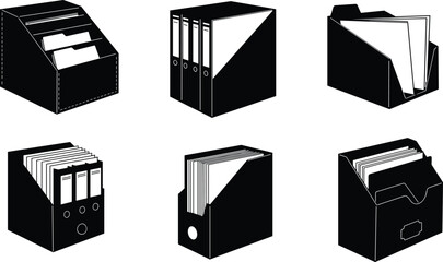 Office document organizer box vector illustration, black silhouette file holder design, paper storage binder container set, stationery desk accessory icon