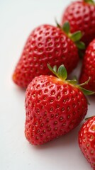 Fresh red strawberries arranged on a white surface. The berries are ripe, juicy, and have green leaves attached, showcasing their vibrant color and texture.