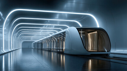 Futuristic subway train moving through a modern tunnel