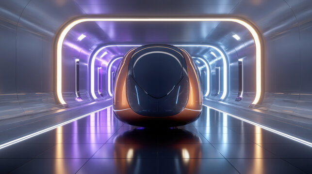 Futuristic maglev train traveling through neon tunnel
