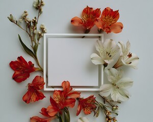 Floral frame with orange and white alstroemeria flowers on a white background surrounding the frame