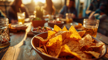 Friends enjoying nachos and drinks at sunset outdoor gathering