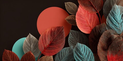 Artistic arrangement of colorful leaf skeletons with geometric shapes on dark background